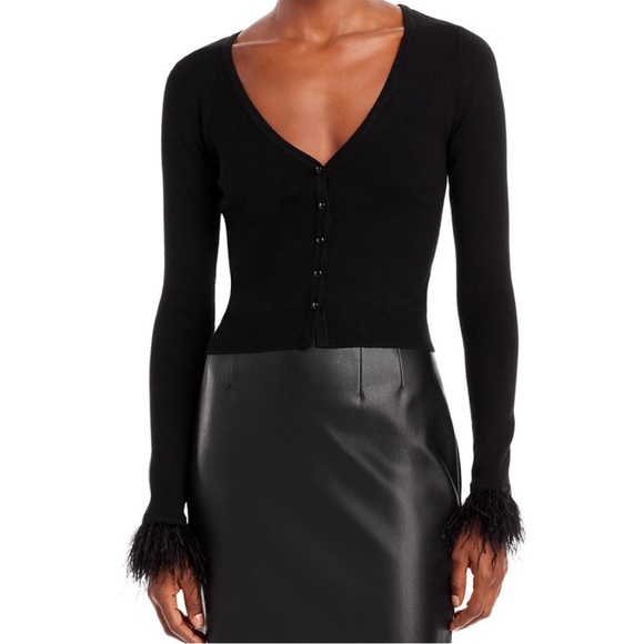 Aqua Sweaters - Black cardigan with feather sleeves
